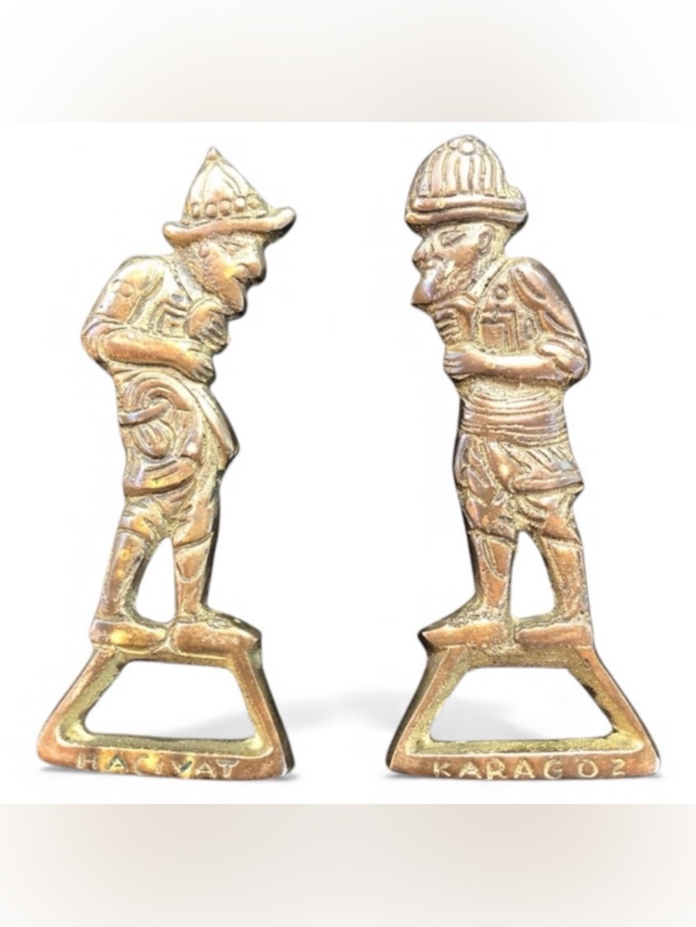 Two Vintage Karagoz & Hacivat Figures Brass Bottle Openers - Barware - Turkey
